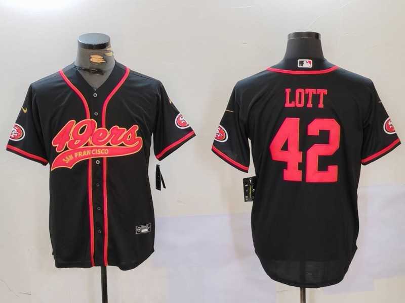 Mens San Francisco 49ers #42 Ronnie Lott Black With Patch Cool Base Stitched Baseball Jersey